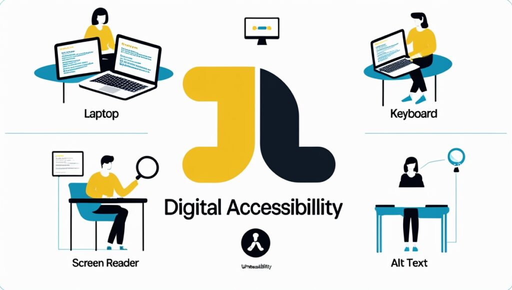 Illustration showing laptop, keyboard, screen reader, and alt text as key digital accessibility tools.