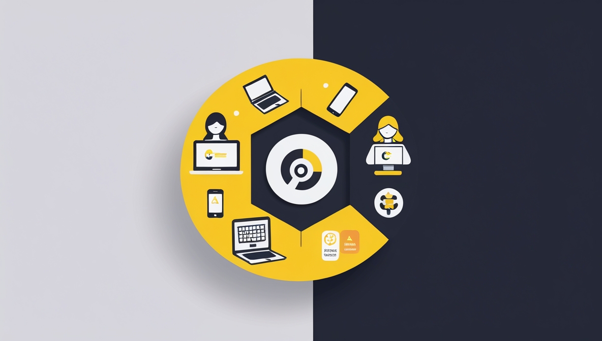 Circular graphic in yellow, black, and white showing laptops, phones, and people representing digital accessibility.