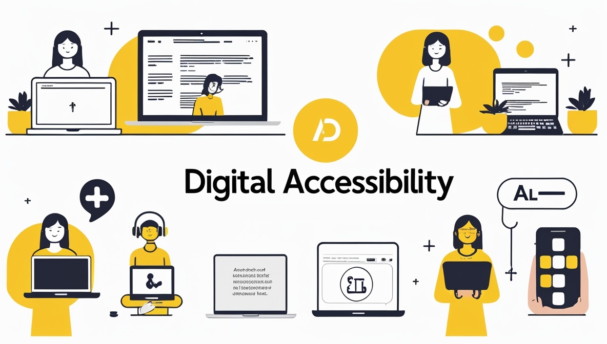 Illustrations of people using laptops, mobile devices, and assistive tools highlighting digital accessibility.d, screen reader, and alt text as key digital accessibility tools.