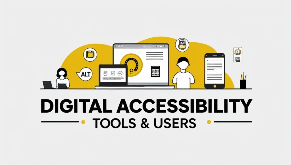 Yellow, black, and white banner with the text “Digital Accessibility” and icons of a computer, keyboard, and mobile device.